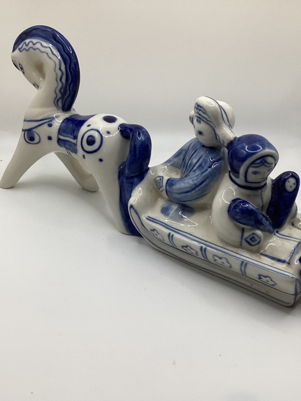 Gzhel USSR blue porcelain Horse & Sleigh family. Hand painted vintage folk art